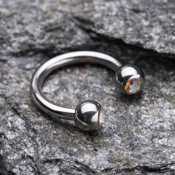 Detail View 1 of Gem Ball Steel Horseshoe Circular Barbell-Aurora Borealis